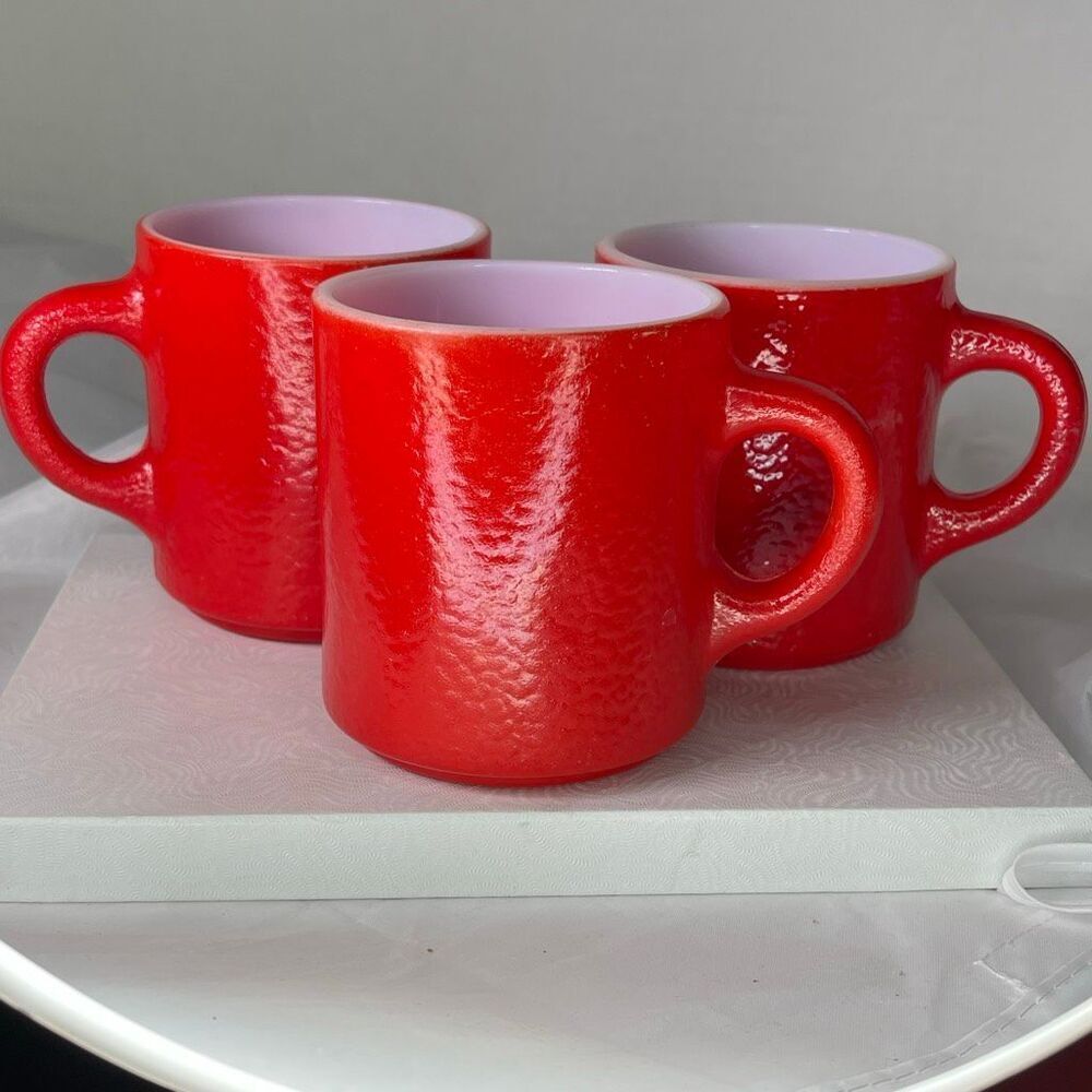 Vintage textured red milk glass Midcentury mugs